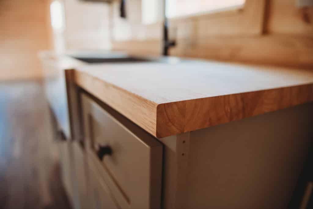 wood countertops in modular cabin