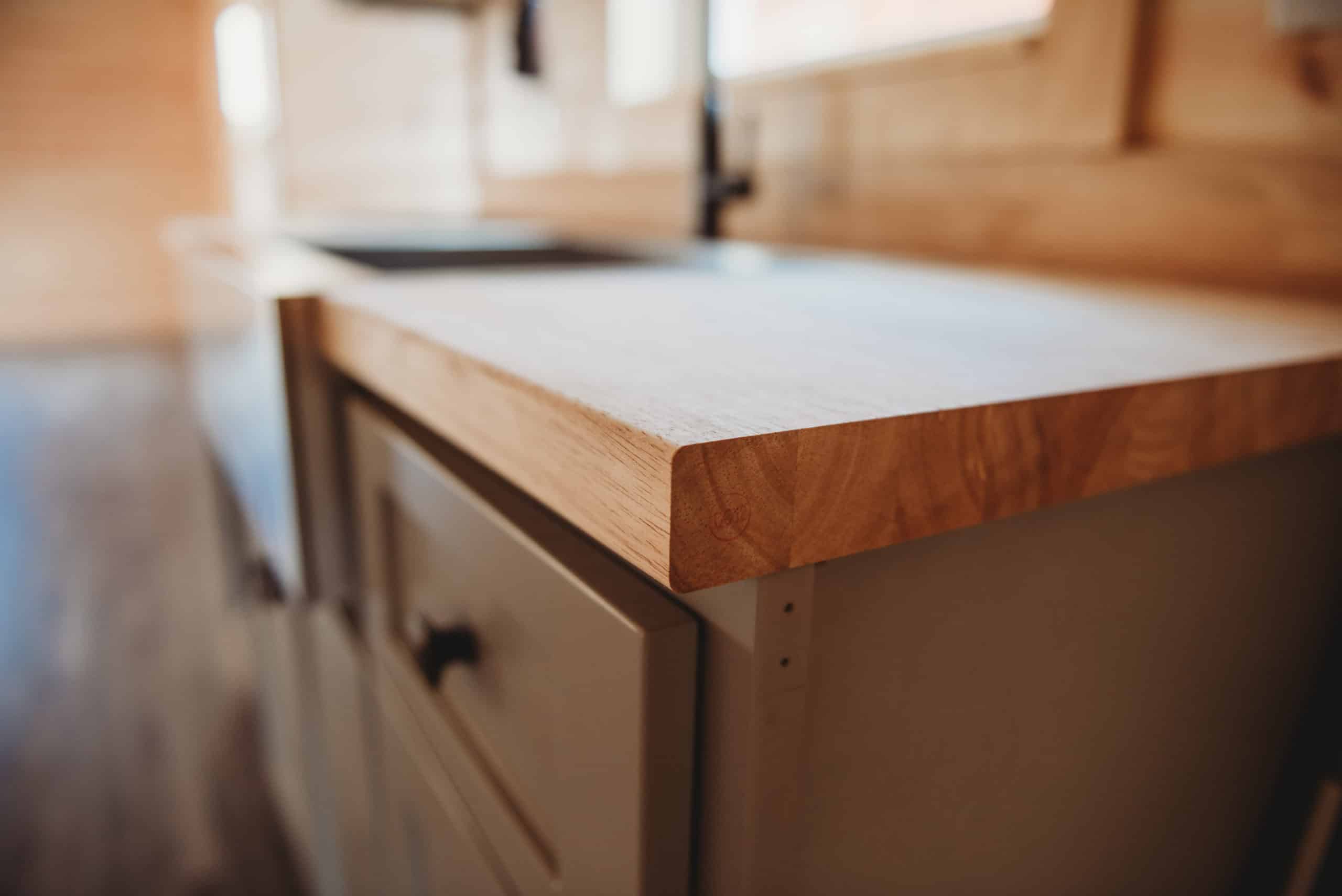 butcher block countertops in prebuilt log cabins