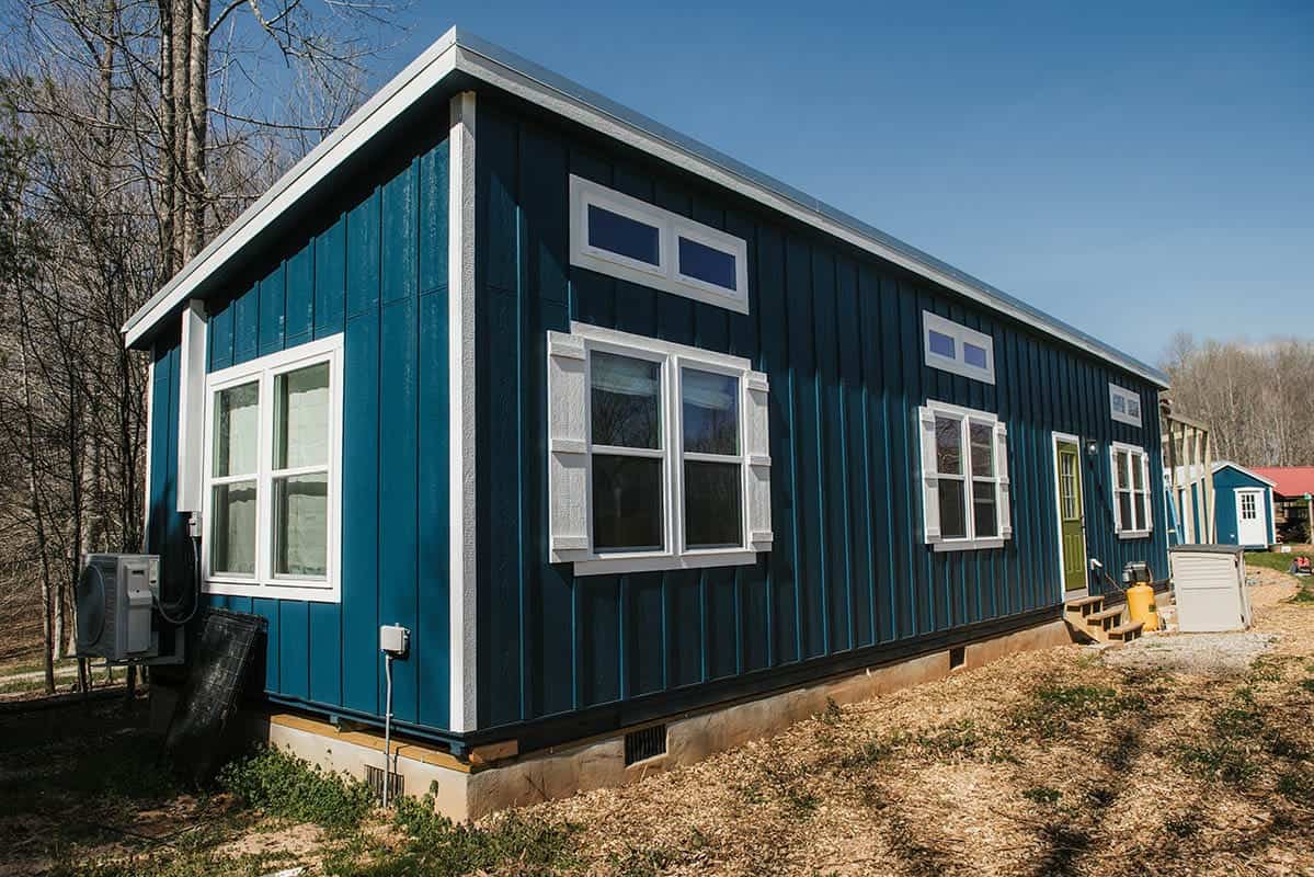 blue exterior tiny home cabin