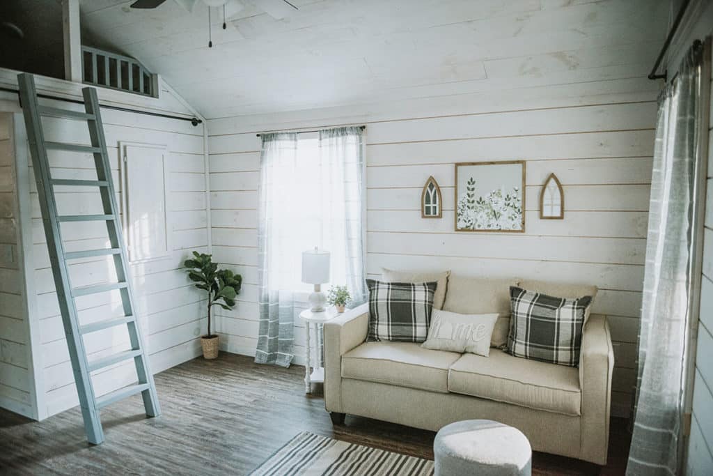 living room in tiny home modular cabin