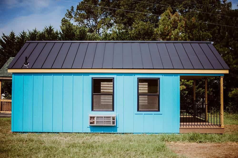 bright blue modern modular tiny home
