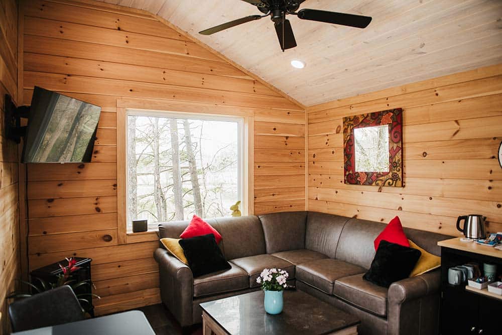 wood interior living space in modular tiny home