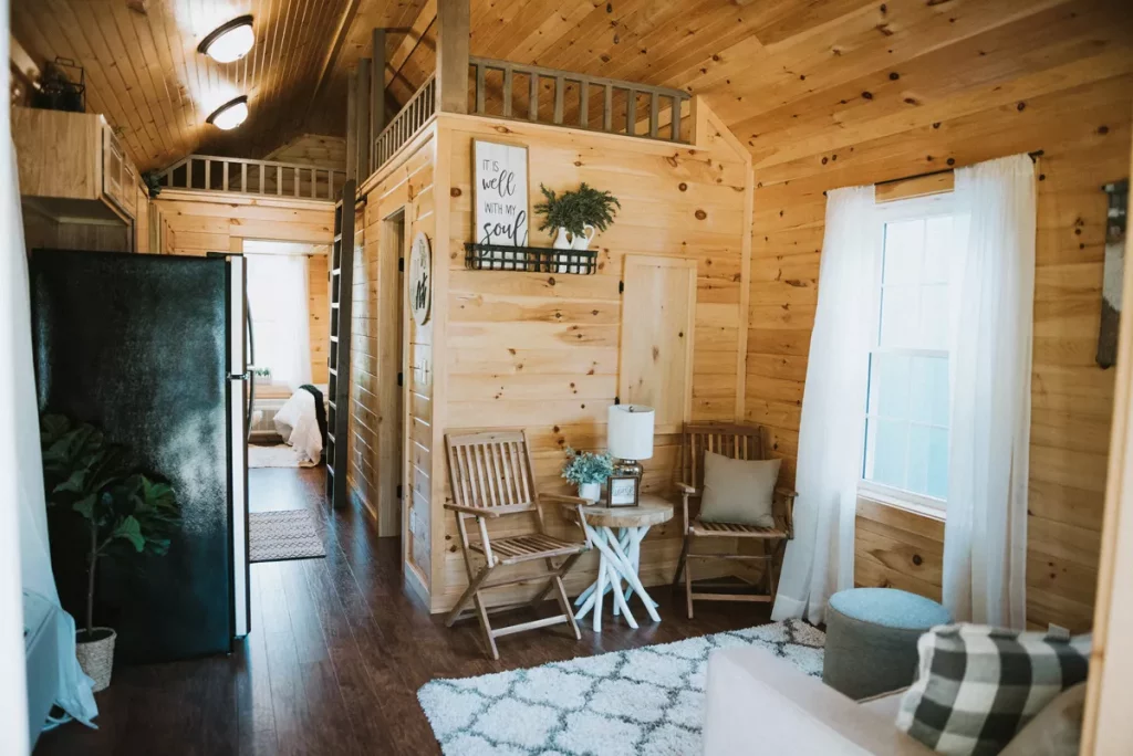 prefab log cabin interior living space and loft