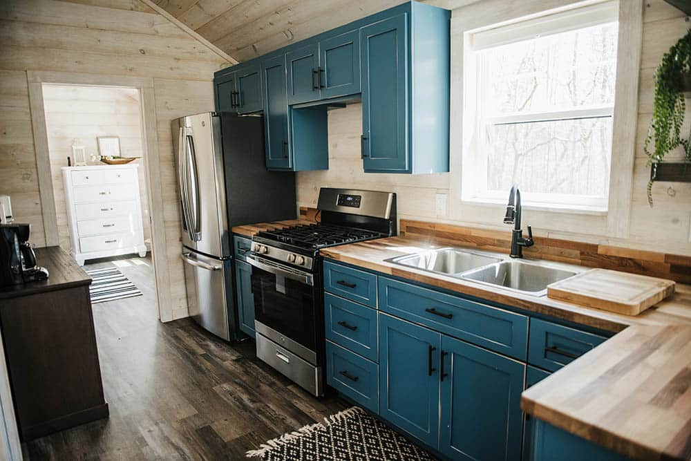Prefab Log Cabin Tiny Home Kitchen in Blue